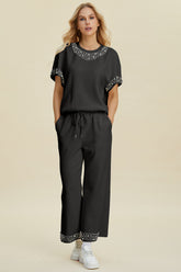 Double Take Full Size Pearl Detail Round Neck Top and Pants Set OutfitFlow